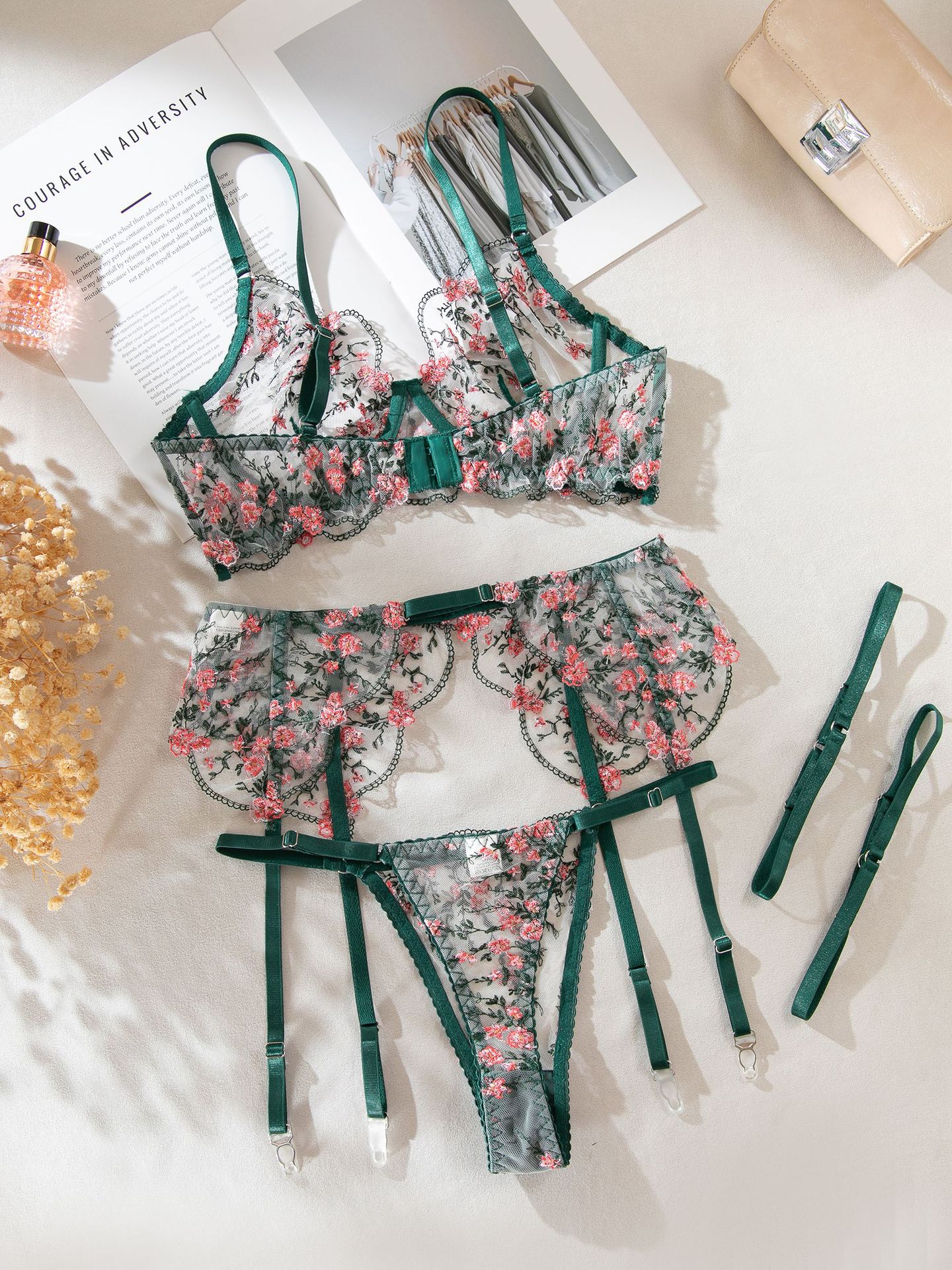 Floral Lingerie Set Sexy 4-Piece Embroidered Bra And Brief Underwear With Garter